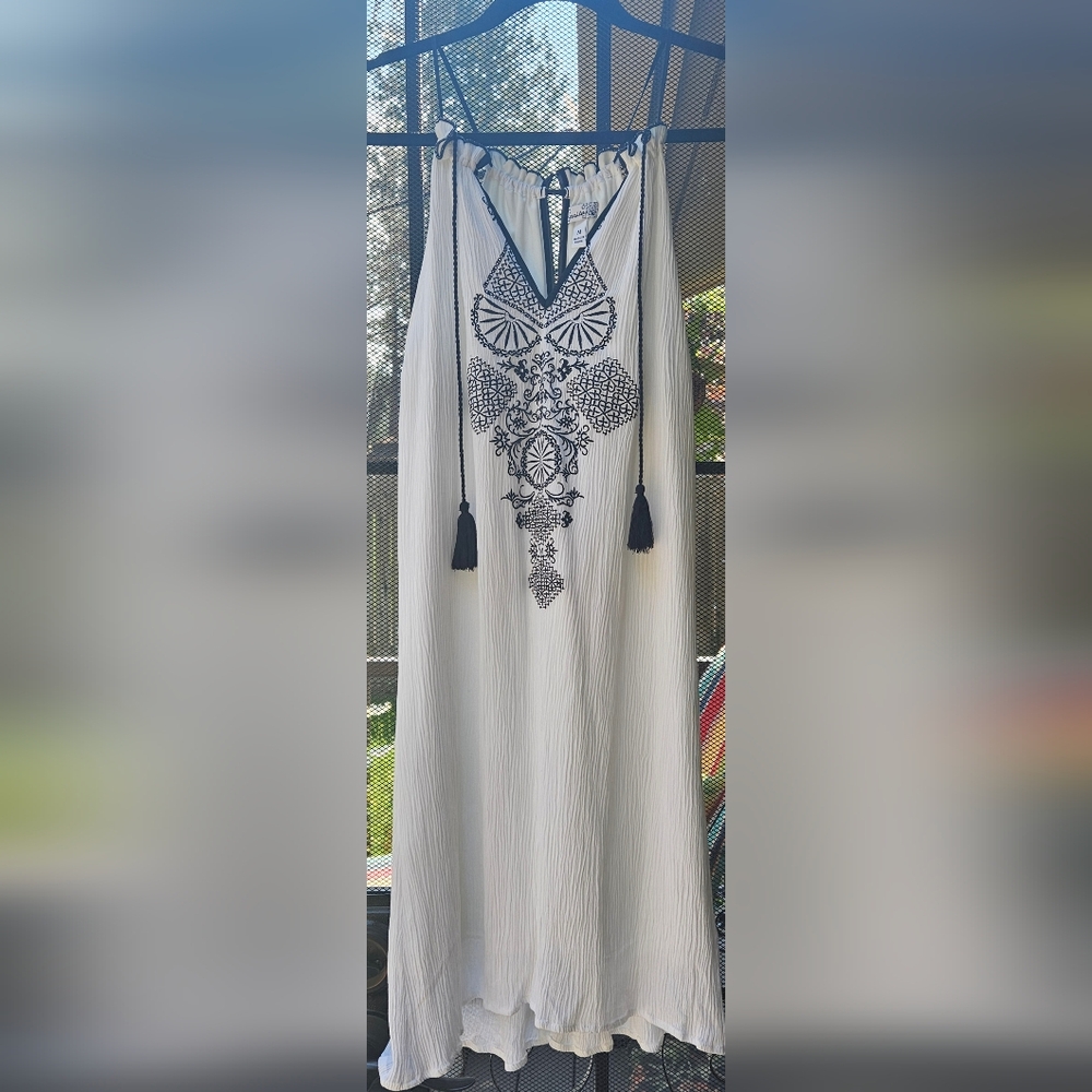 White with Black Embroidery and Tassels Dress